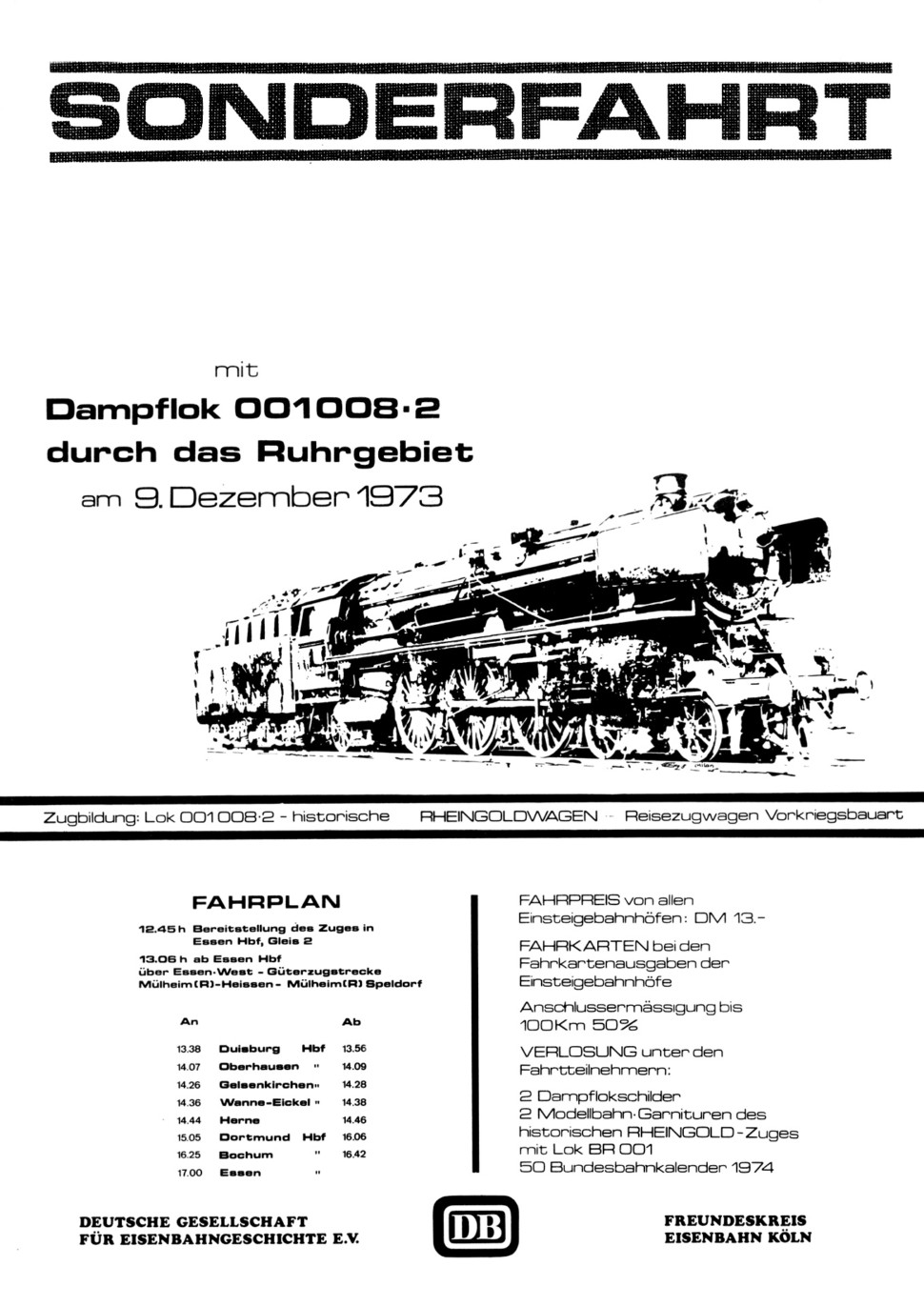 Ausschreibung und Fahrplan zur Sonderfahrt 01 008 am 09.12.1973
